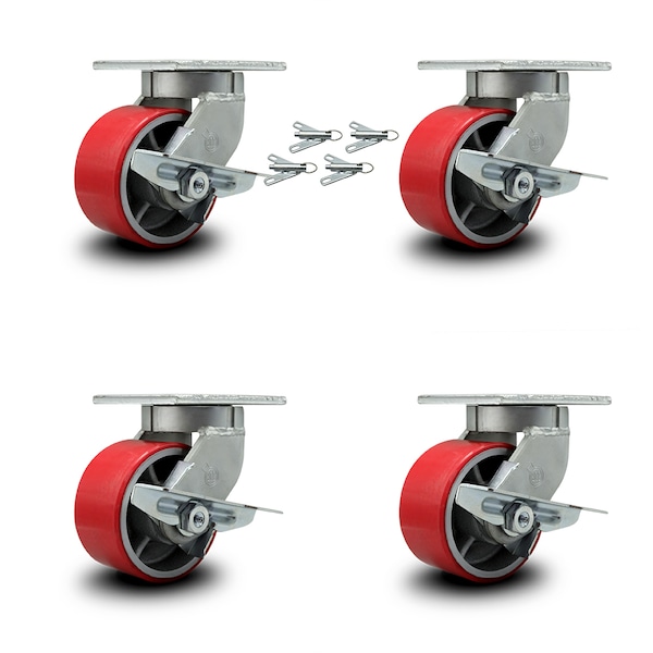 6 Inch Heavy Duty Red Poly on Cast Iron Caster Set with Brake and Swivel Lock